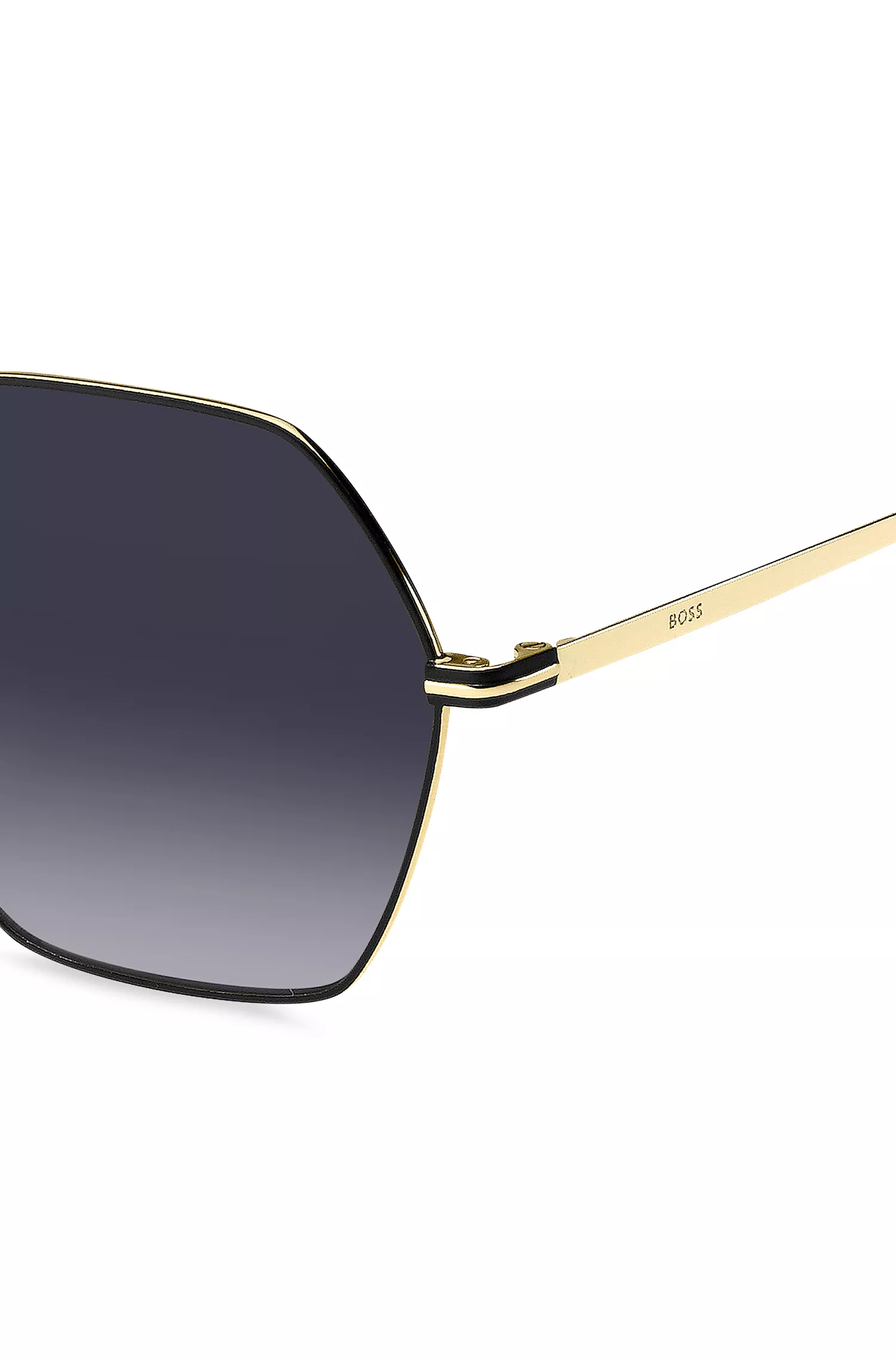Óculos de sol BOSS Black-Angular em aço preto e dourado.