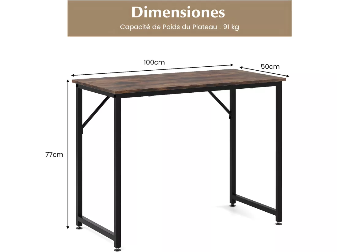 Bureau d'Ordinateur, Table Poste de Travail, Bureau Informatique, 50 x 100 x 77 cm, Style Industriel, Cadre en Métal, pour Bureau, Chambre, Salle de Réunion (Marron Rustique)