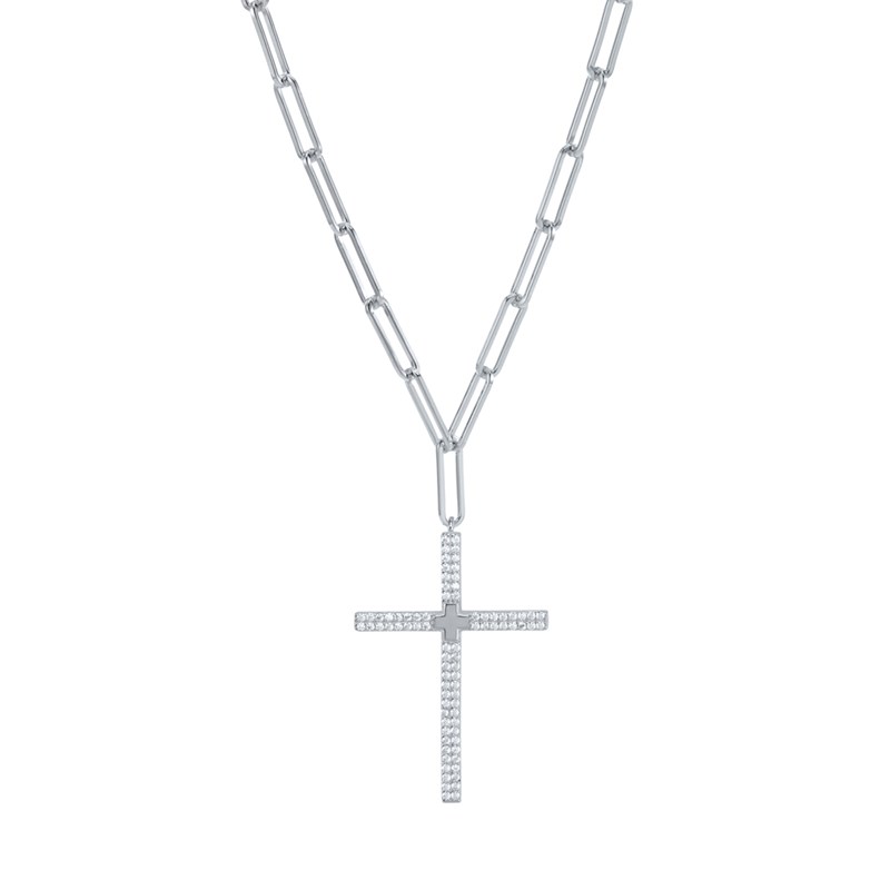 Collier Argent Rhodié Croix Sertie De Zirconiums Blanc