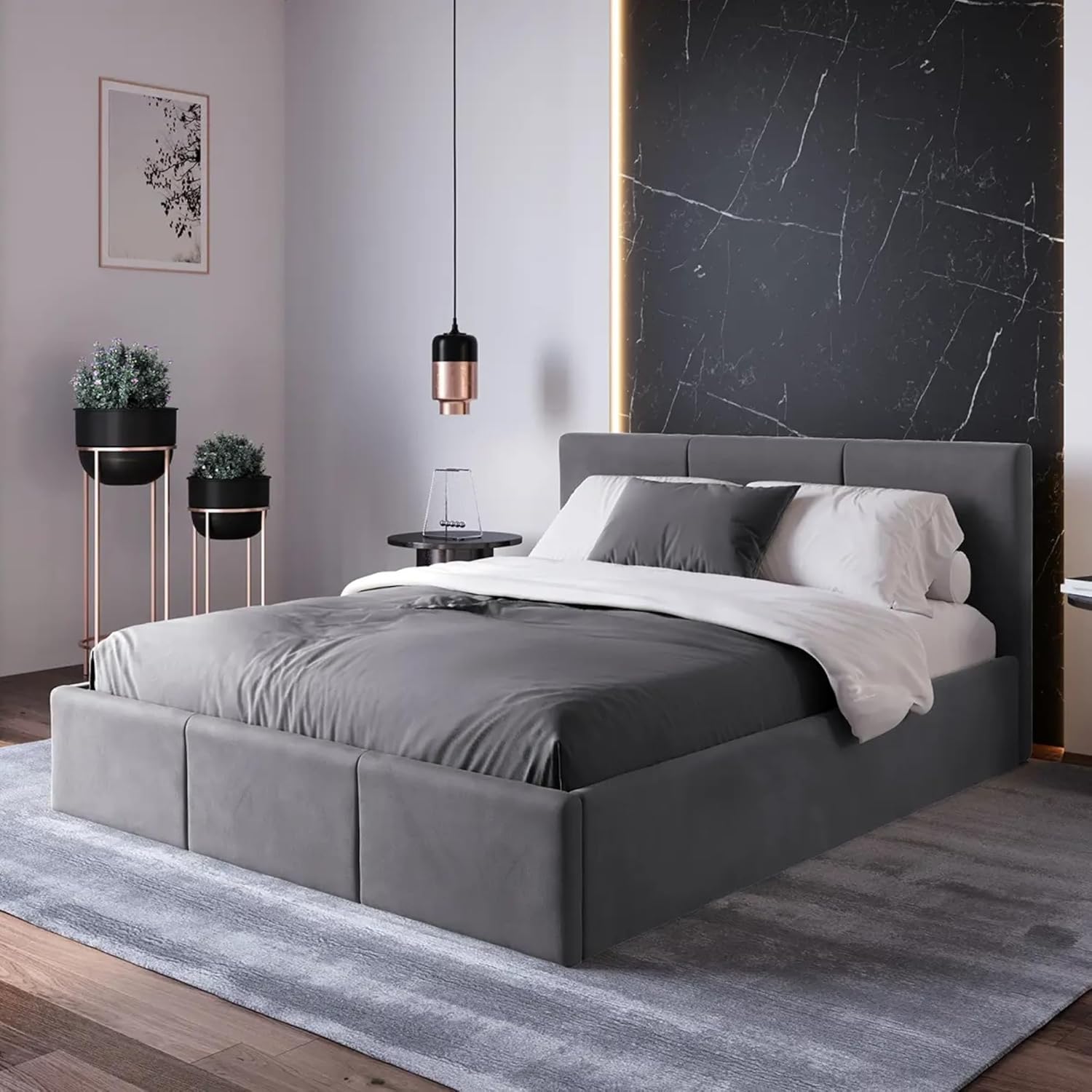 Home Collective Polsterbett, Bett mit Stauraum, Stauraumbett mit Lattenrost gepolstert mit Kopfteil Doppelbett mit Bettkasten | Gasdruckfedern & Metallrahmen, Samtpolsterung | 140×200 cm | Graphit