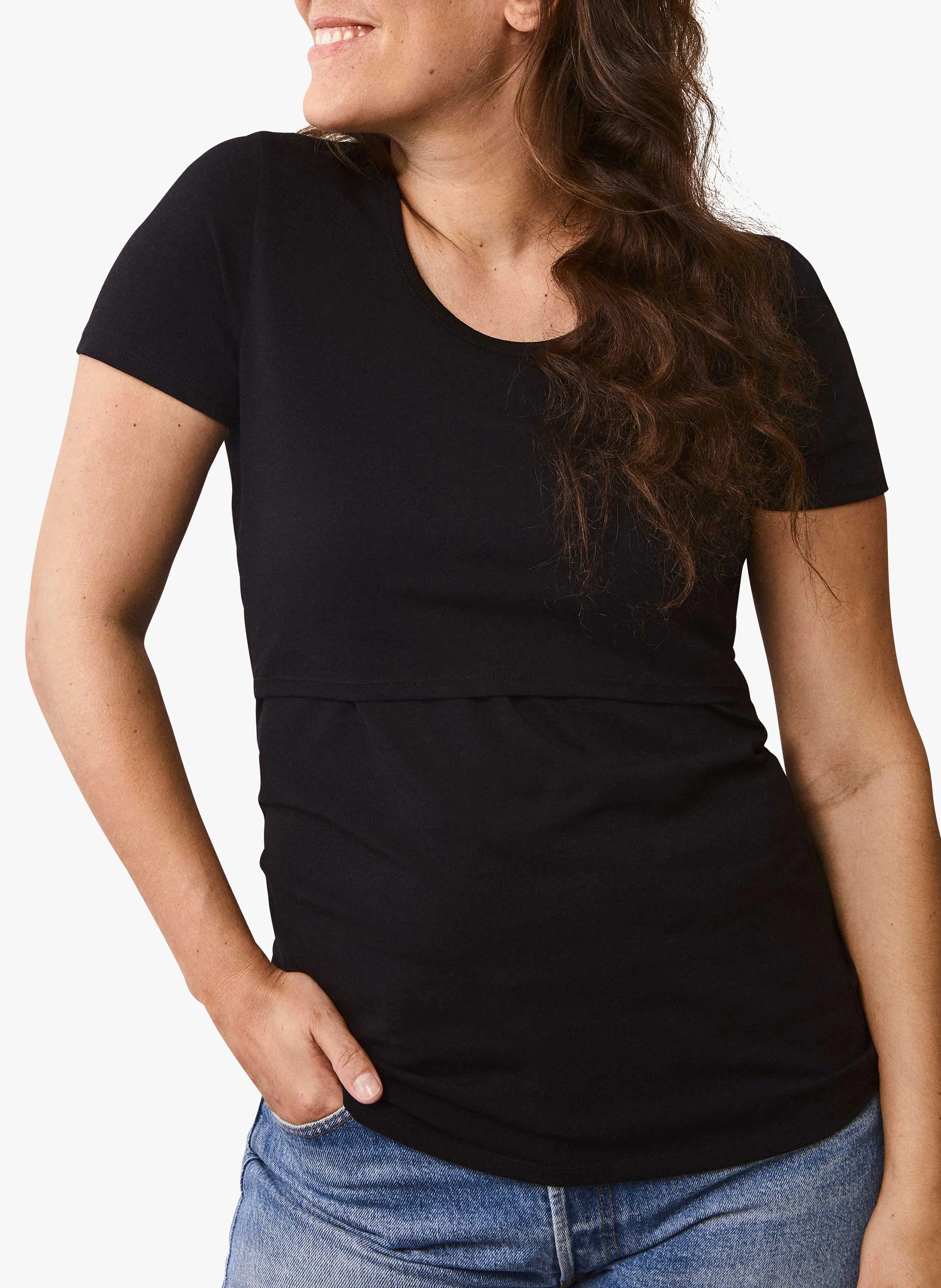 T-shirt de grossesse et d'allaitement col rond en coton mélangé| Noir