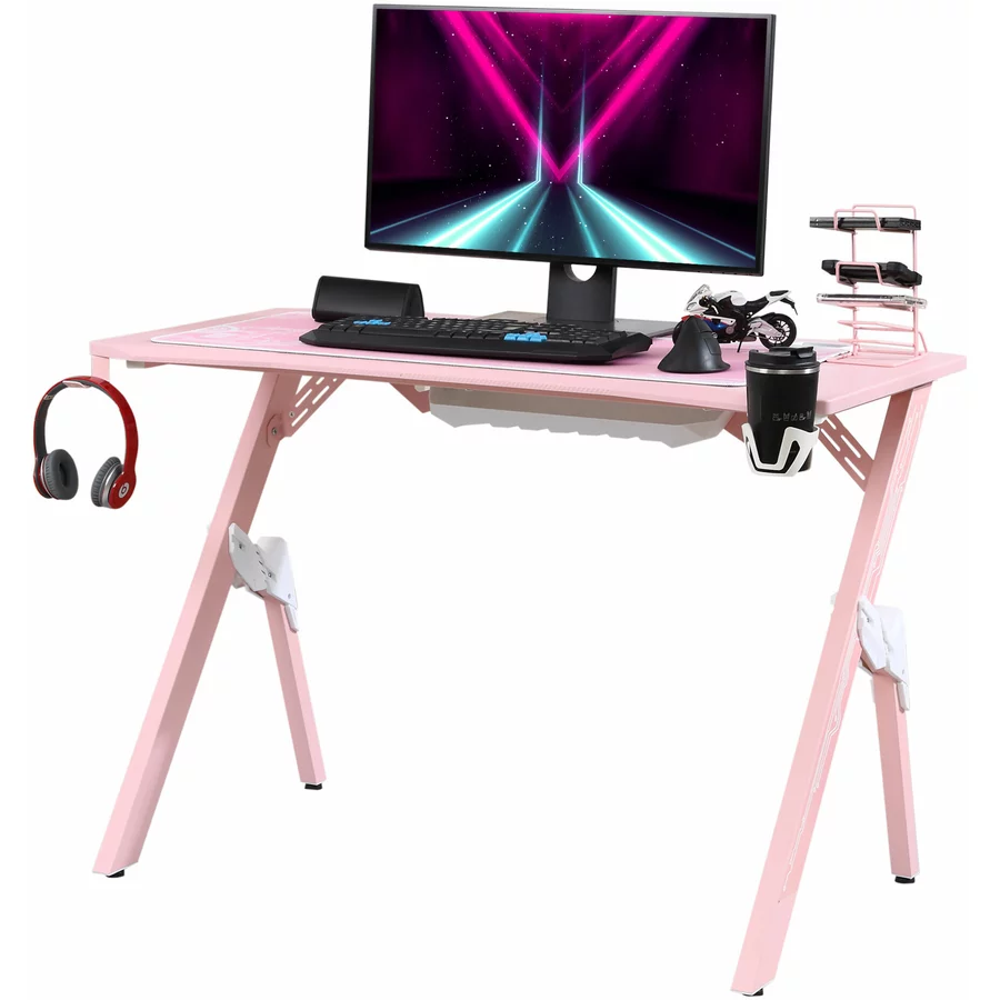 HOMCOM Gaming Tisch Mit Kopfhörerhaken, Getränkehalterung und Controllerhalter rosa