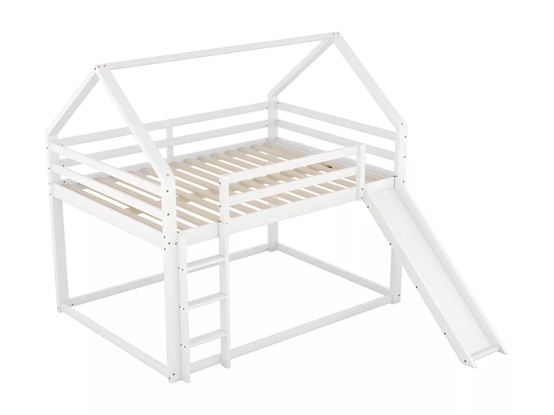 Lit superposé cabane avec toboggan et échelle - 140x200cm - cadre en pin massif - Blanc