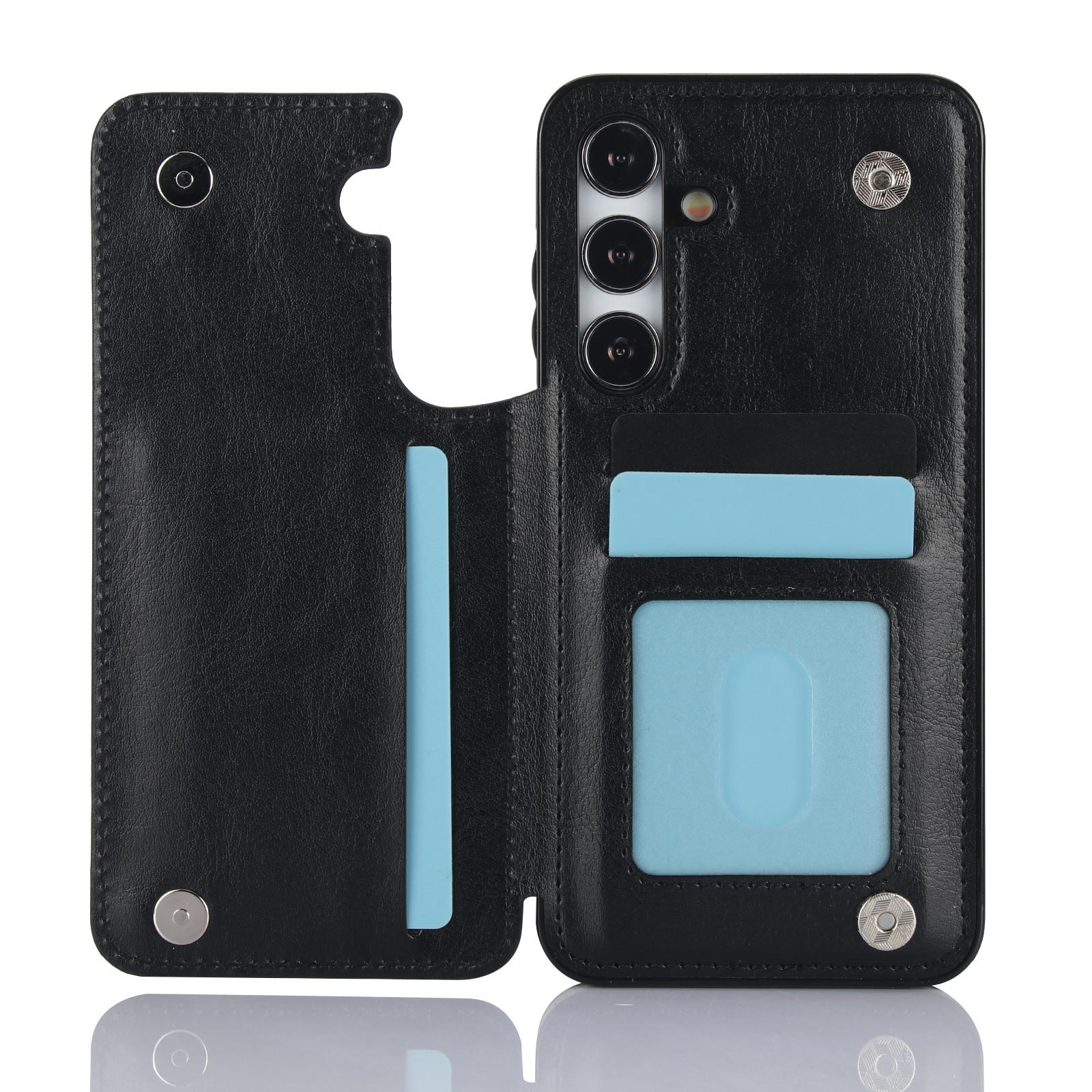 Samsung Galaxy S24 Hybrid Leder Hülle mit Kartenfach   Kickstand Aufsteller - Schwarz