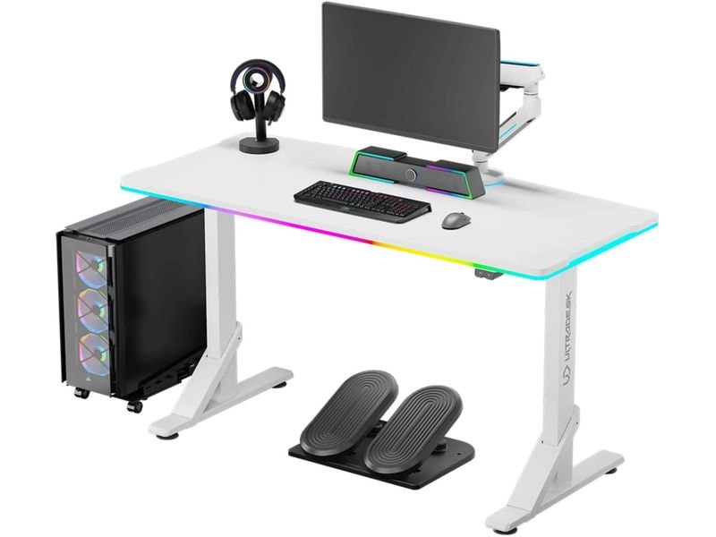 Ultradesk Gaming Tisch Iron Weiss Ultrastarker Gaming Tisch mit mechanischer Höhenverstellbarkeit und RGB-Beleuchtung