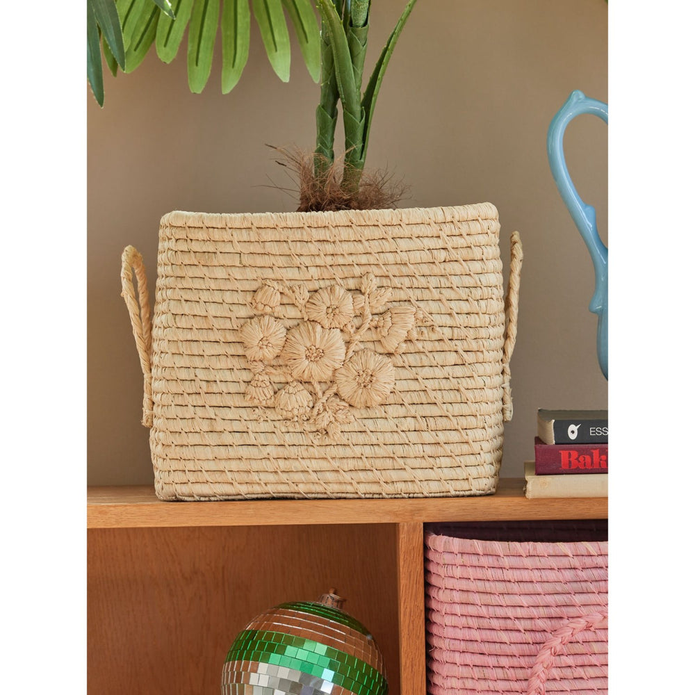 Køb Rice Raffia Square Kurv I Nature Med Flower Embroidery - Raffia Håndtag