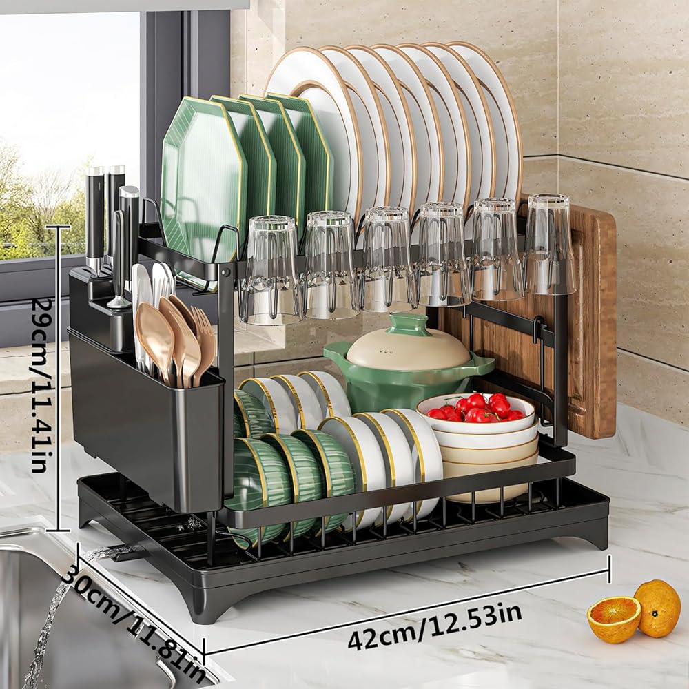Égouttoir à vaisselle à 2 niveaux avec porte-ustensiles et porte-gobelet - Anti-rouille - Amovible - Pour comptoir de cuisine - Économie d'espace - Avec drainage automatique : Cuisine et Maison