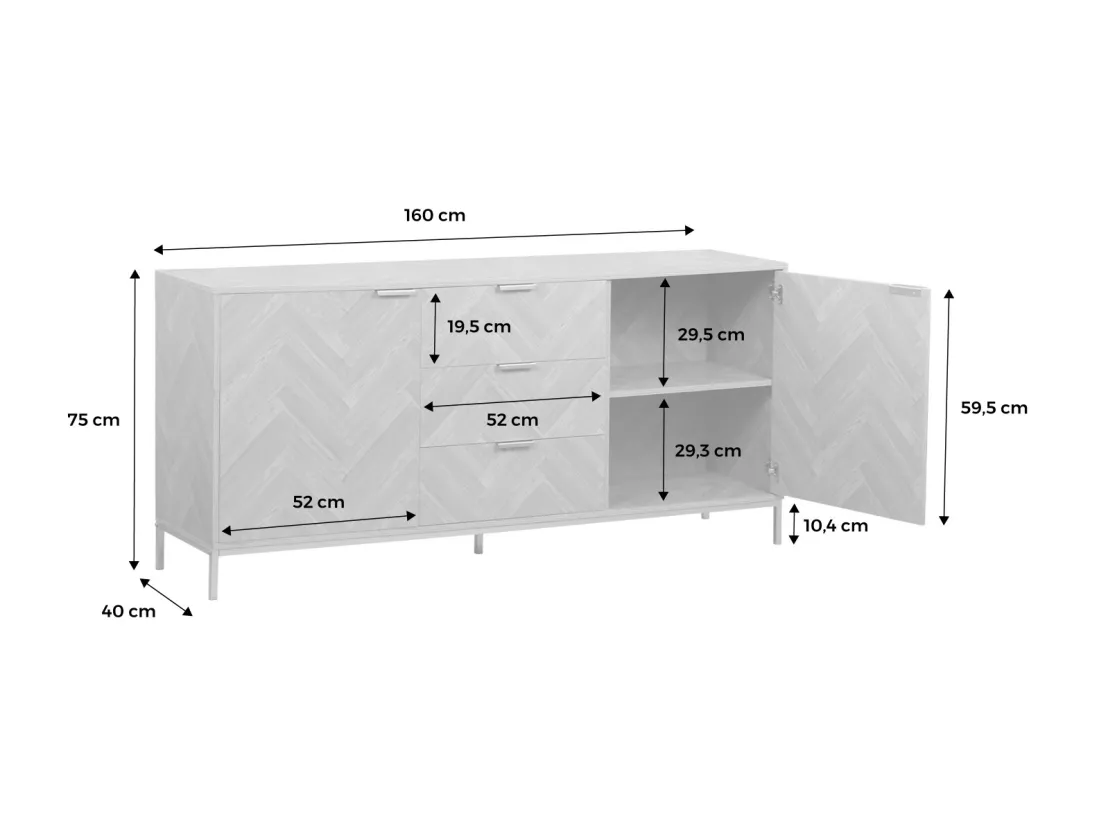 Buffet de rangement. Budapest. deux portes. deux étagères. trois tiroirs. buffet bas. L160 x l 40 x H 75cm
