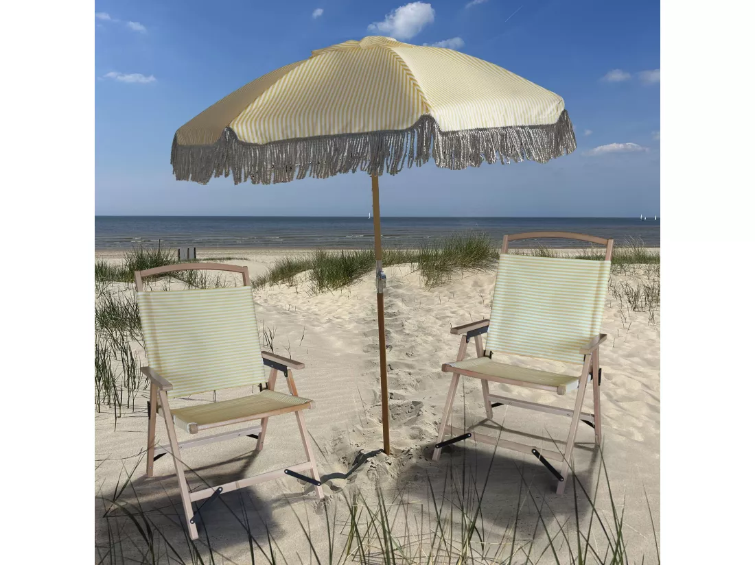 Now's Home - Parasol En Polyester Rayure Jaune Avec Frange Diam 180cm Playa