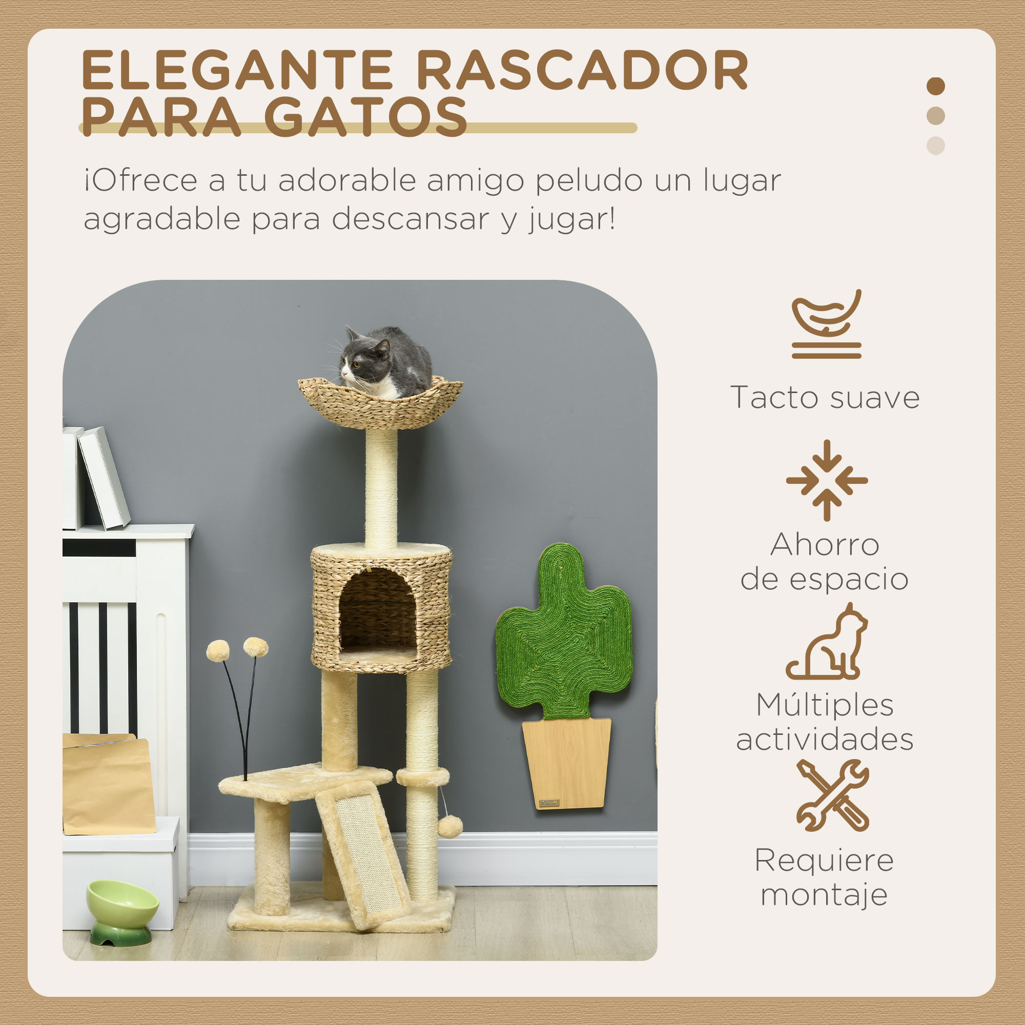 Árvore arranhadora para gatos PawHut de 116 cm, torre para gatos de interior com postes para arranhar, cama, caverna com catnip, rampa e bolas, 45 x 40 x 116 cm, bege