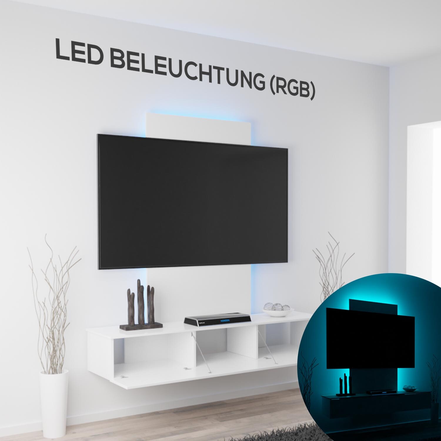 TroniTechnik® TV Board Lowboard Möbel Schrank Unterschrank Weiß Hochglanz VELAN, mit LED, gegen Kabelsalat, Melamin