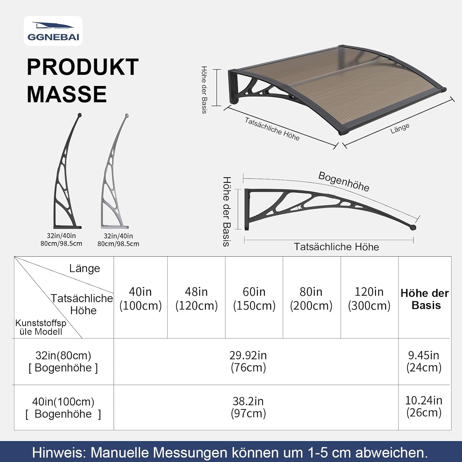 Vordach für Haustür,300x100cm Fenstervordach für Türen,Polycarbonat Pultvordach Überdachung für UV-,Regen- und Schneeschutz – Ideal für Veranda, Terrasse und Fenster