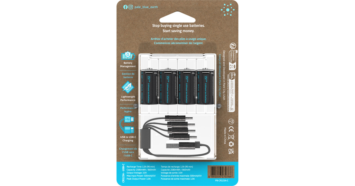 PaleblueCR123 (USB-C) Oplaadbare batterij, 4 stuks  (Zwart)