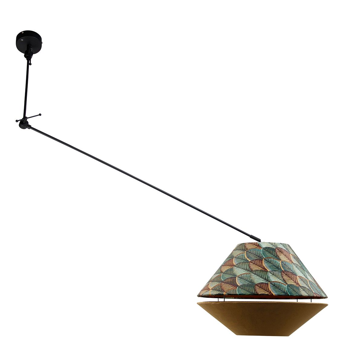 Hanglamp zwart met dubbele velours lampenkap blad dessin en beige - Blitz