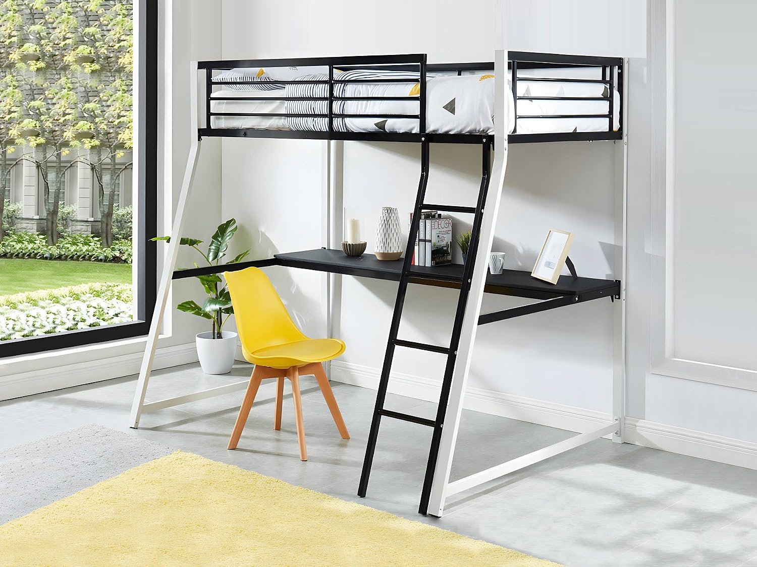 Vente-unique-Hochbett mit Schreibtisch - 90 x 190 cm - Schwarz & Weiß - MALICIA