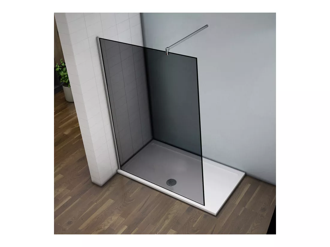 Paroi de douche grise 100x200cm à l'italienne avec barre de fixation 140cm en carré, en 8mm verre trempé anticalcaire
