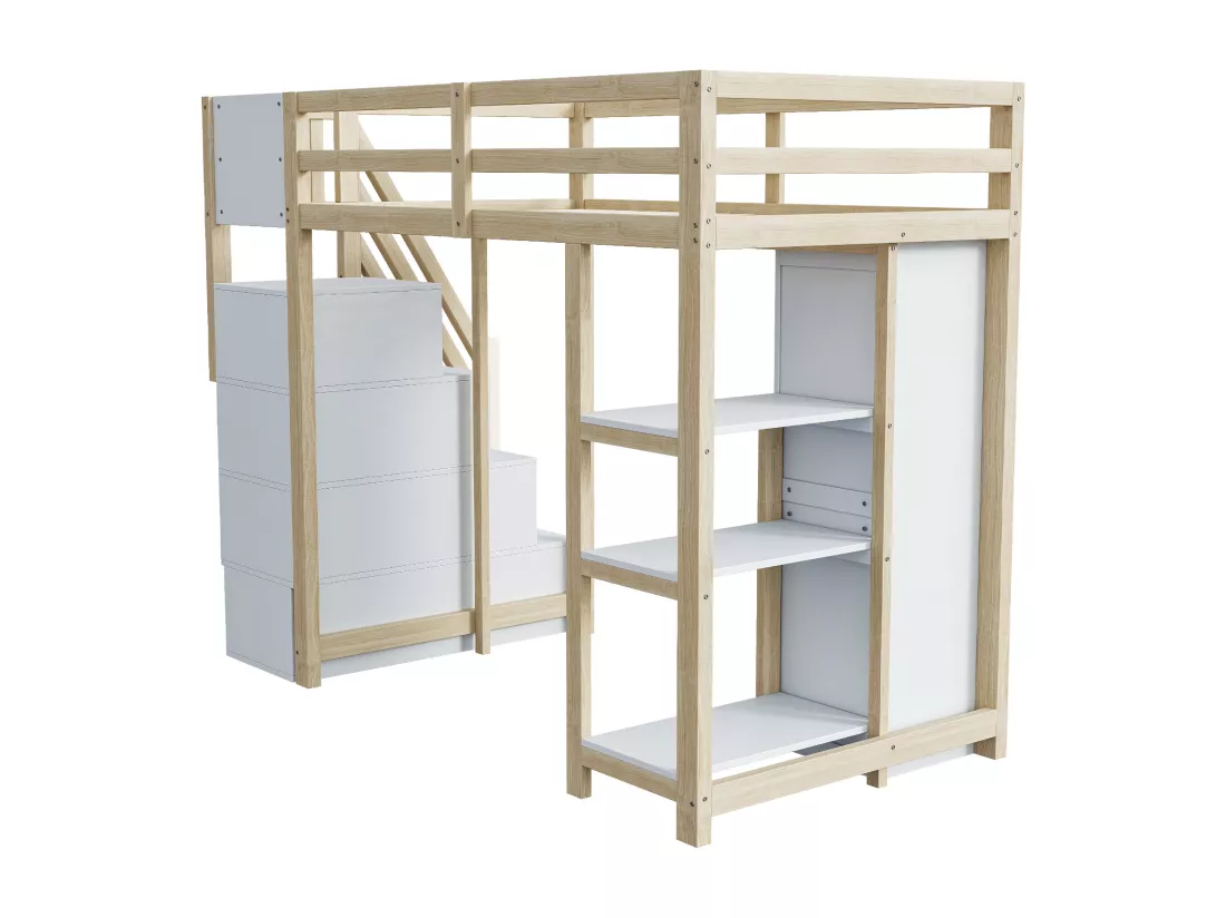 Lit mezzanine 90x200cm en bois massif - avec 4 tiroirs et escalier de rangement - Naturel (matelas non inclus)
