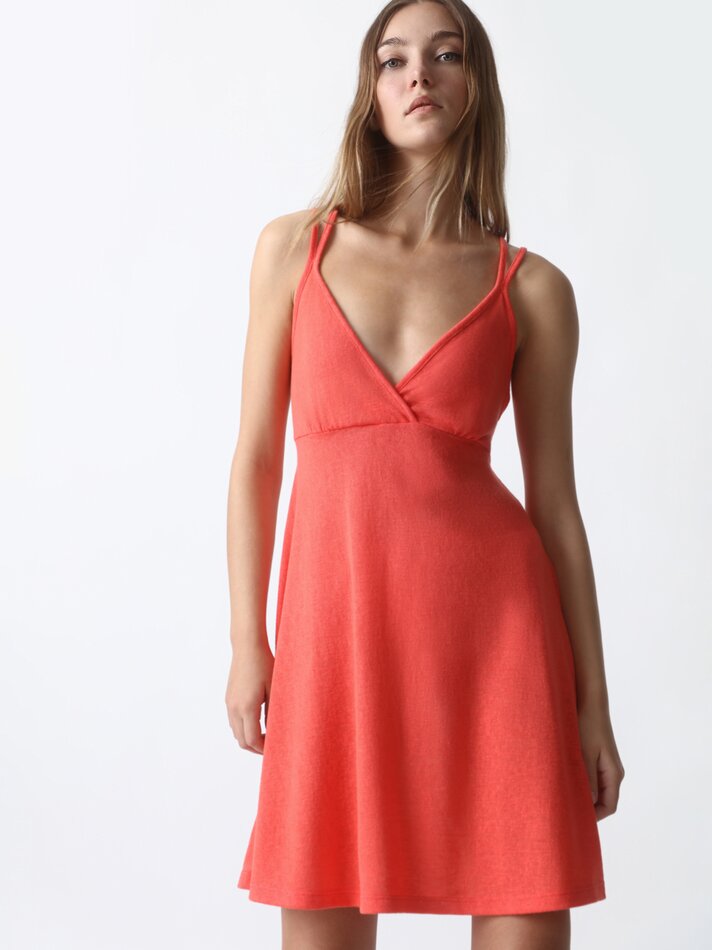 Vestido de alças finas com decote cruzado - Vermelho Coral