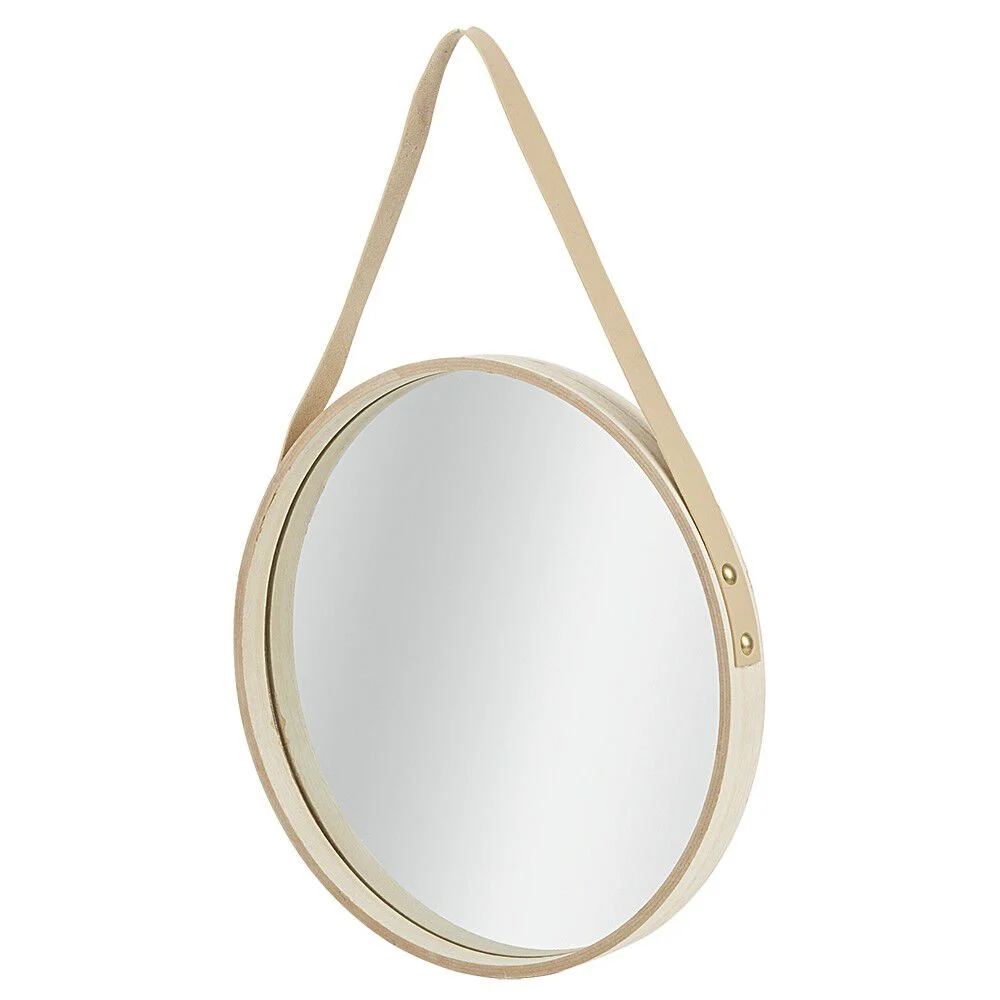 Miroir rond en mdf et sangle de suspension beige