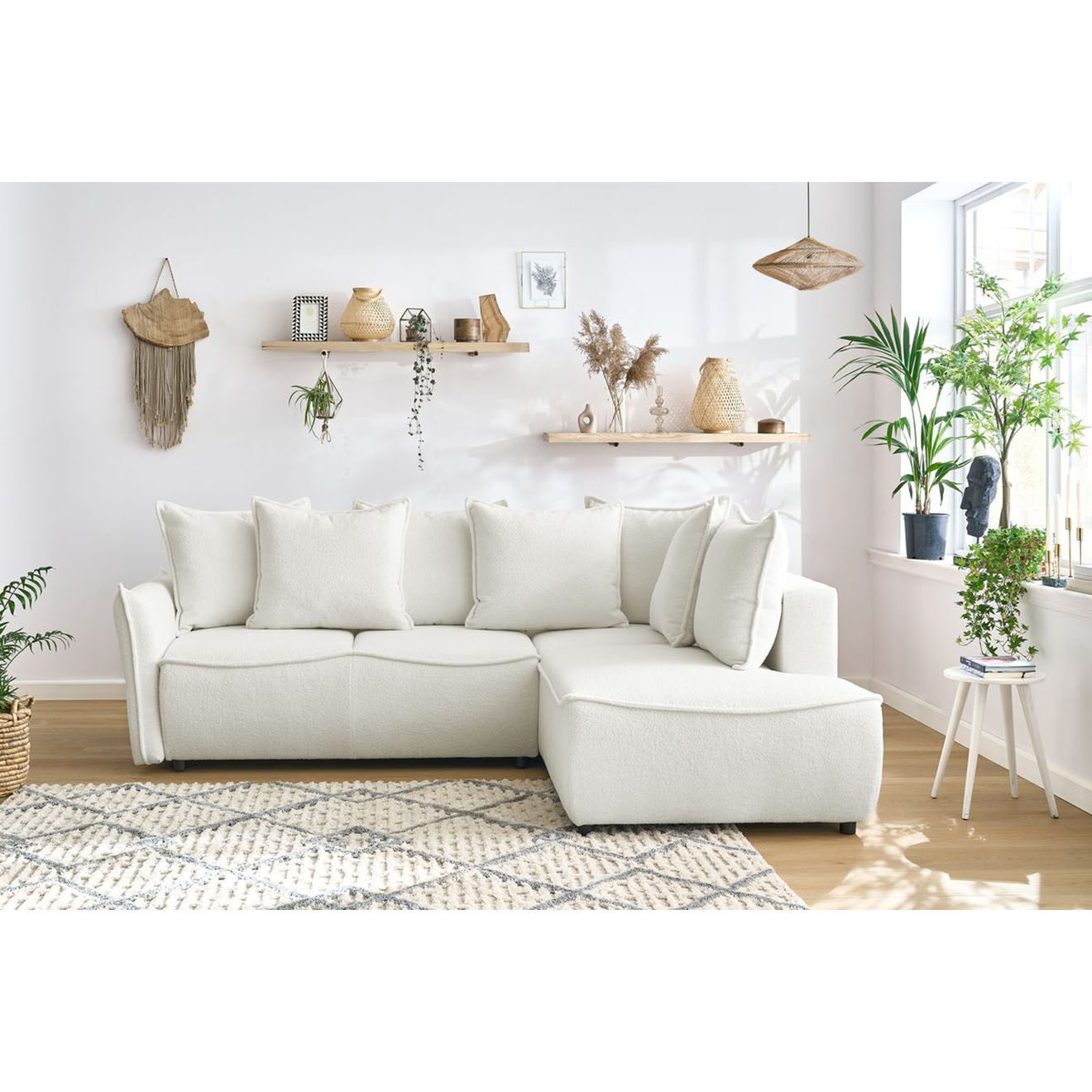 Bobochic Canapé d'angle L droit convertible bouclette Léon blanc - 257x90x194 cm