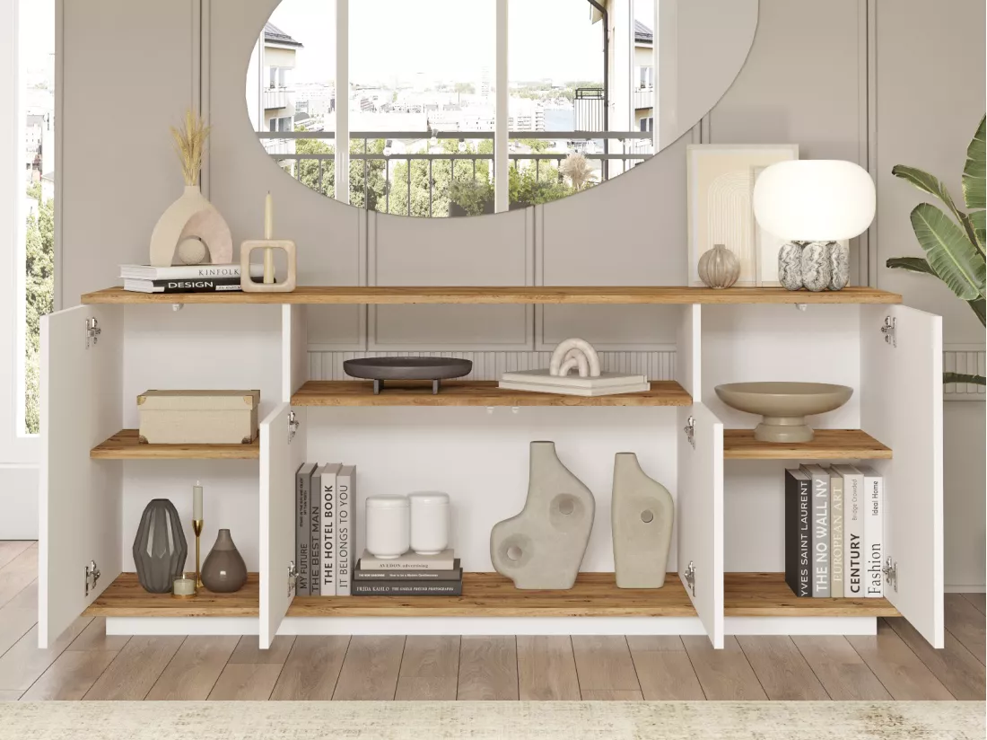 Buffet avec 4 portes et 1 étagère - Blanc et naturel - LOTULA
