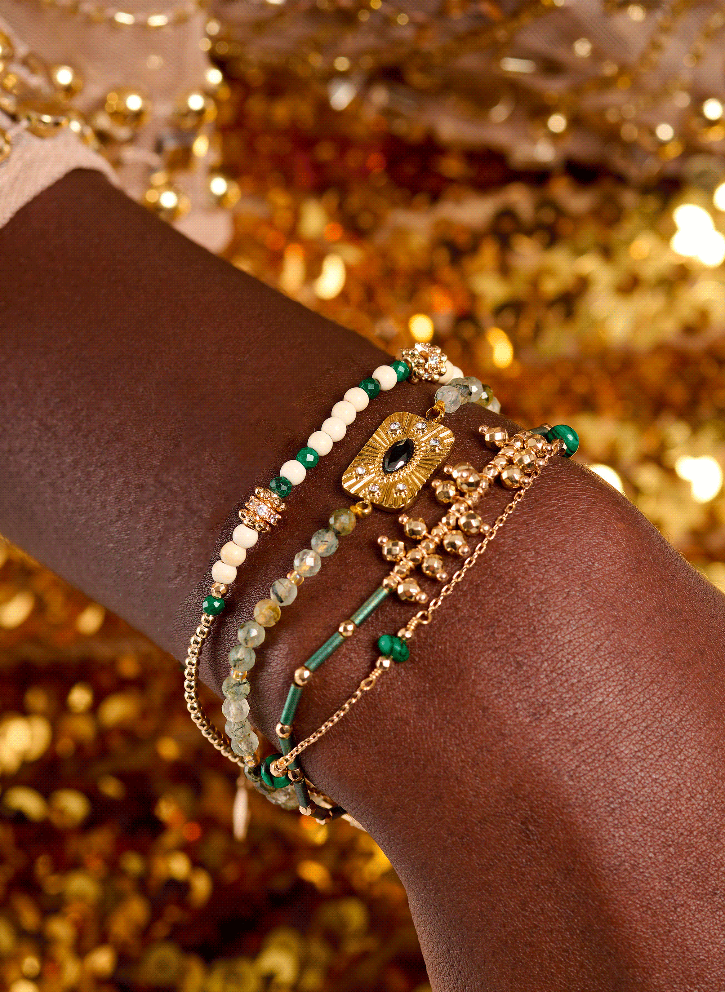 KARMELIA - Bracelet multiliens avec fermoir aimanté en perles | Vert