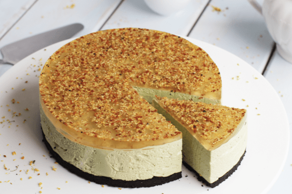 Matcha cheesecake met osmanthusbloemen