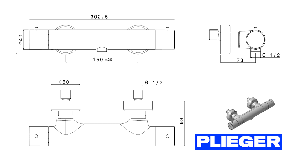 Plieger Napoli thermostatische douchekraan met cold-touch chroom