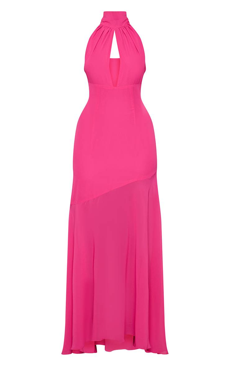 Fuchsia Robe Longue Cache-cœur En Mousseline Col Licou Taille Basse Asymétrique