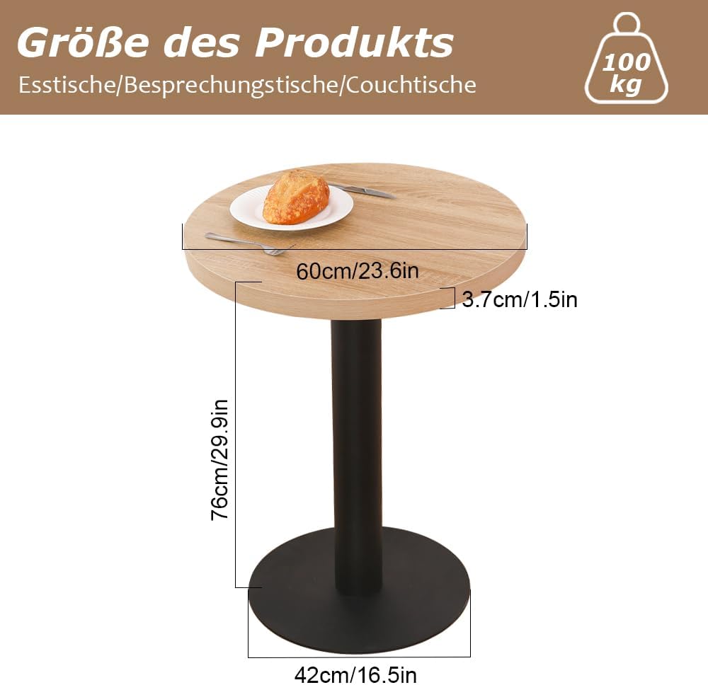 Mingone Esstisch Rund 60cm Küchentisch Klein Esszimmertisch mit Holzplatte Runder Tisch Eiche-Optik mit Metallbein für Wohnzimmer Balkon Esszimmer