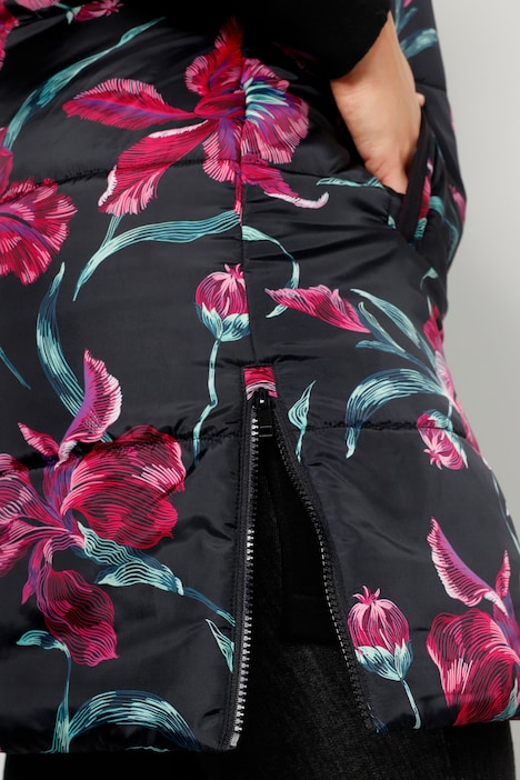 Long-Steppweste, Kapuze, Alloverdruck, Zipper