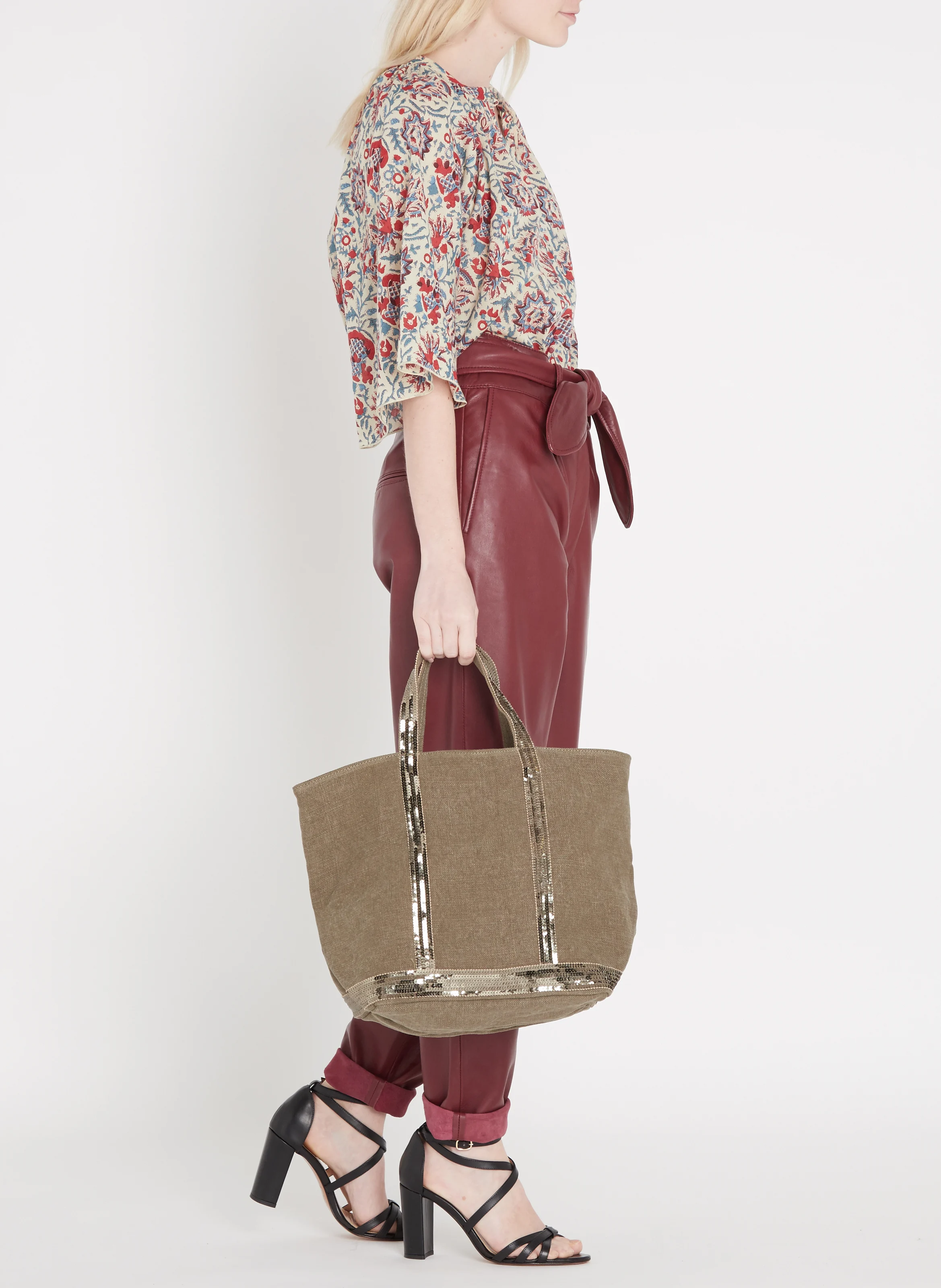 Cabas M brodé avec sequins en lin | Kaki