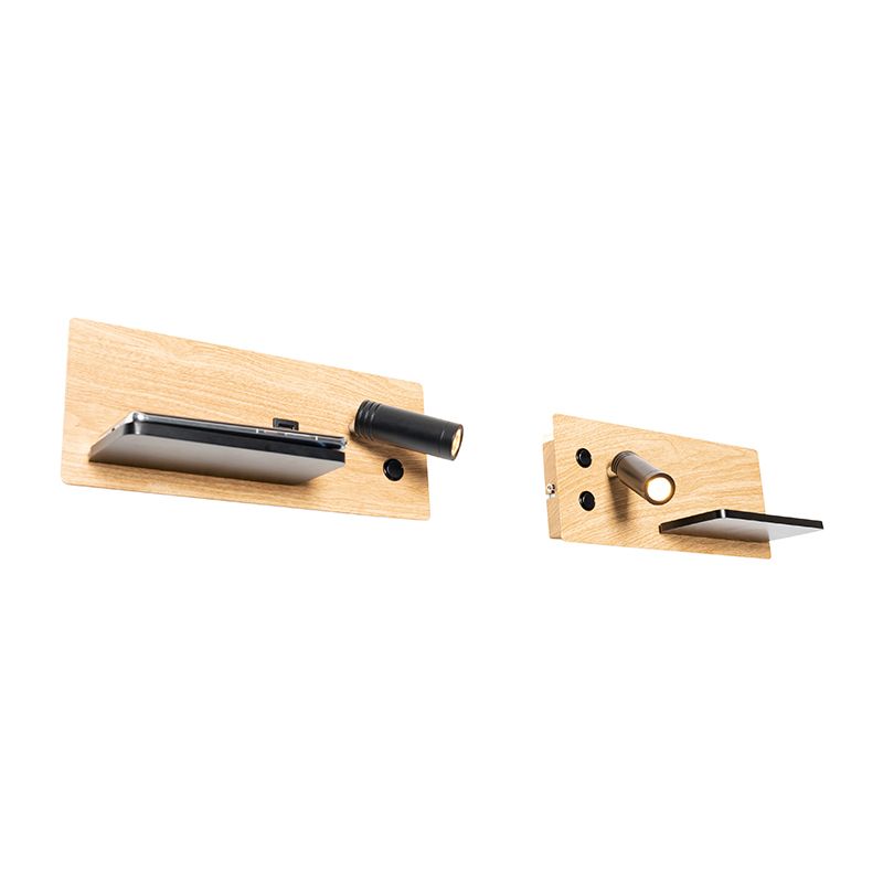 Set van 2 wandlamp zwart met hout incl. LED met USB en inductielader - Riza