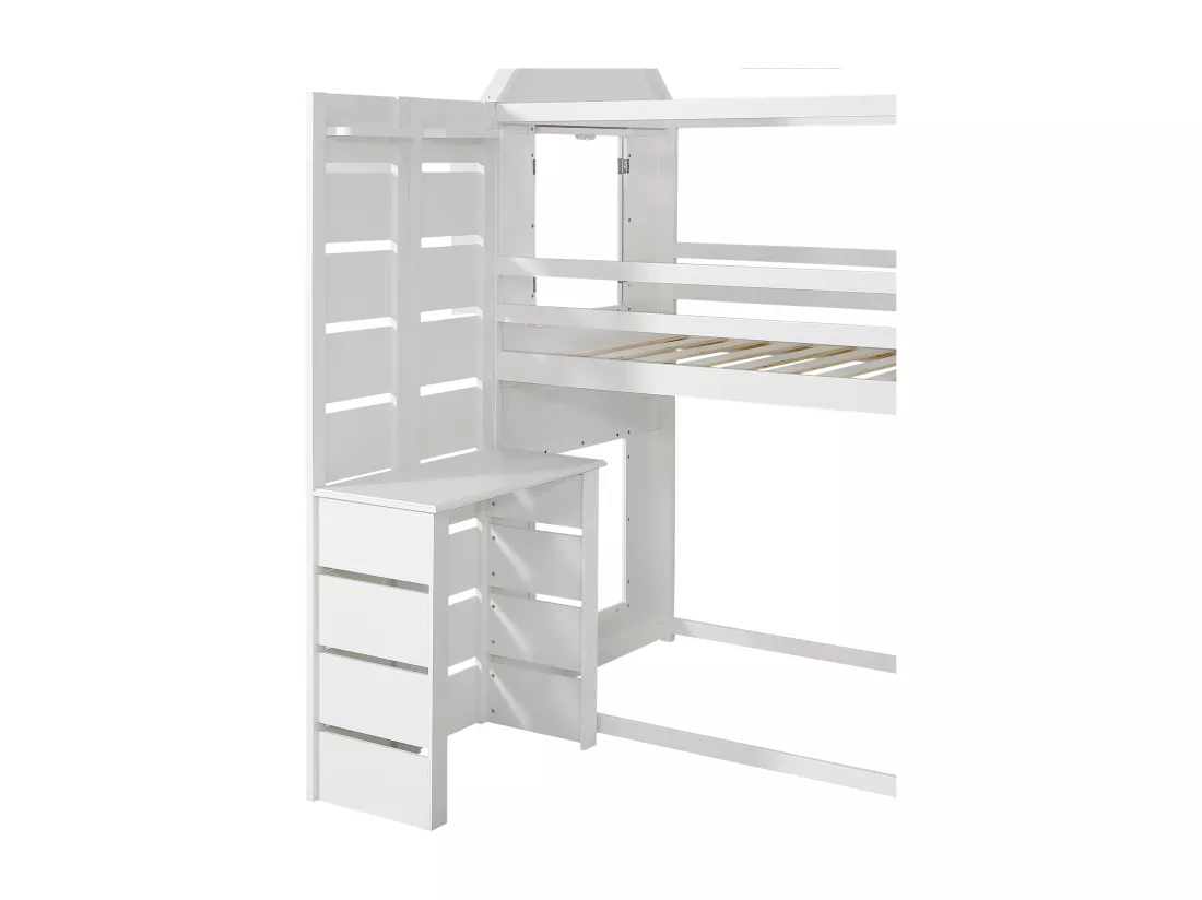 Lit mezzanine 90x200 cm en bois massif - avec bureau et échelle - Blanc