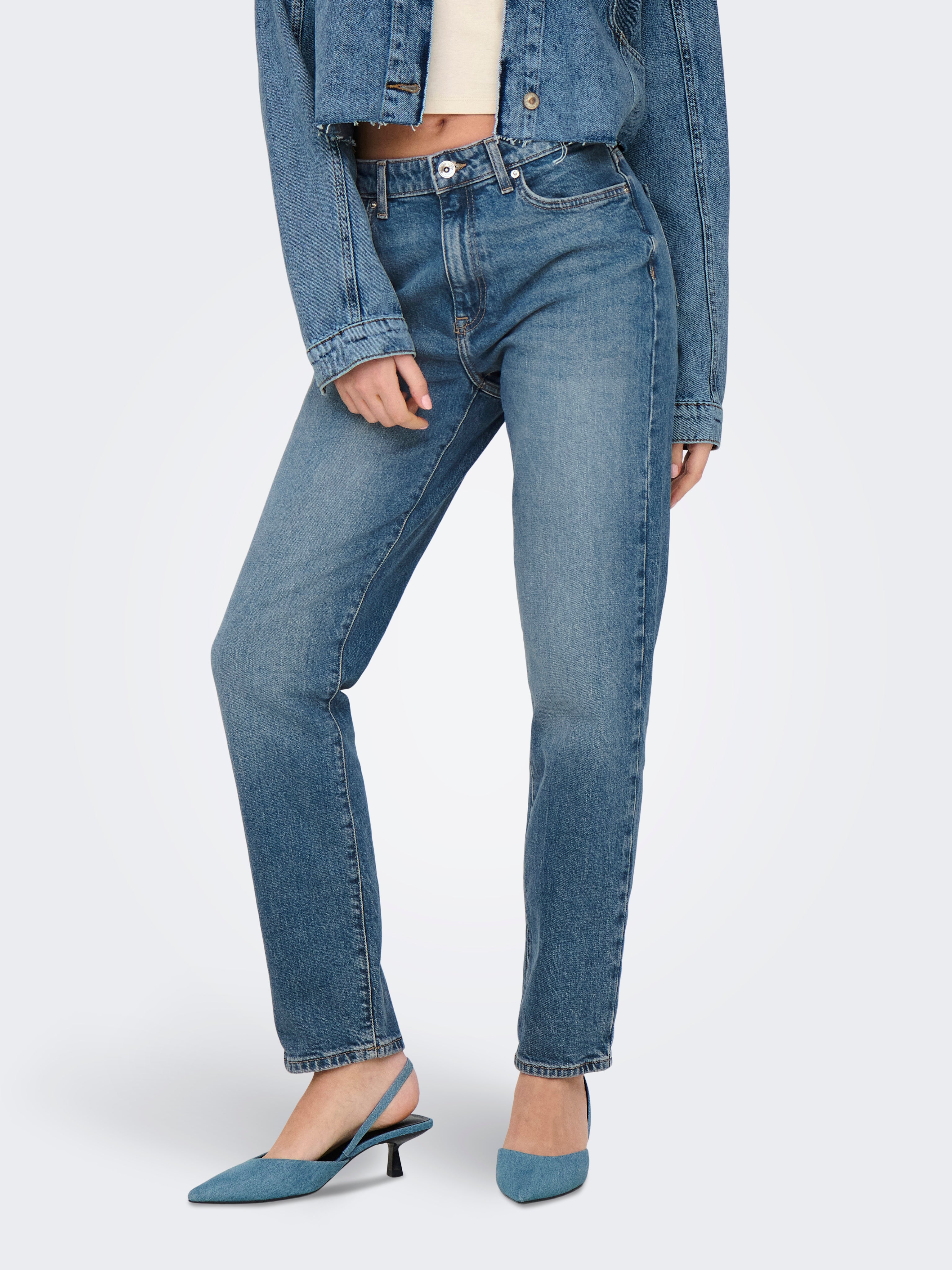 ONLEMILY Hohe Taille Gerade geschnitten Jeans Dark Blue Denim