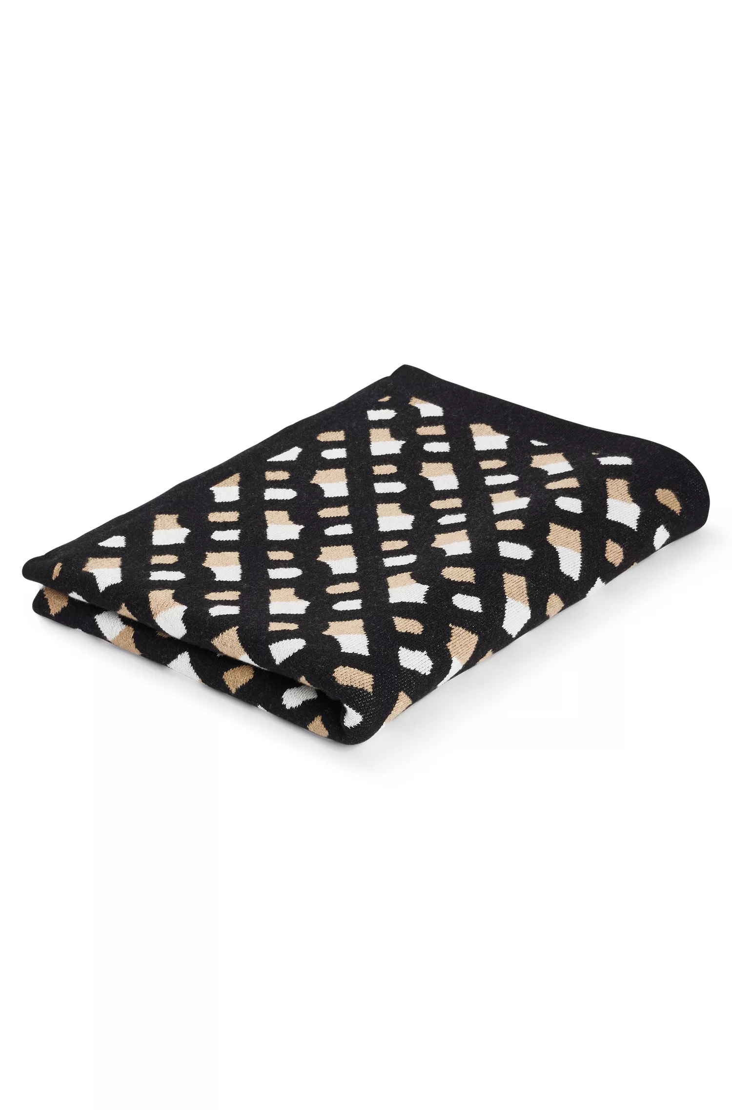 Manta BOSS preta com monograma em jacquard, feita de lã e cashmere.