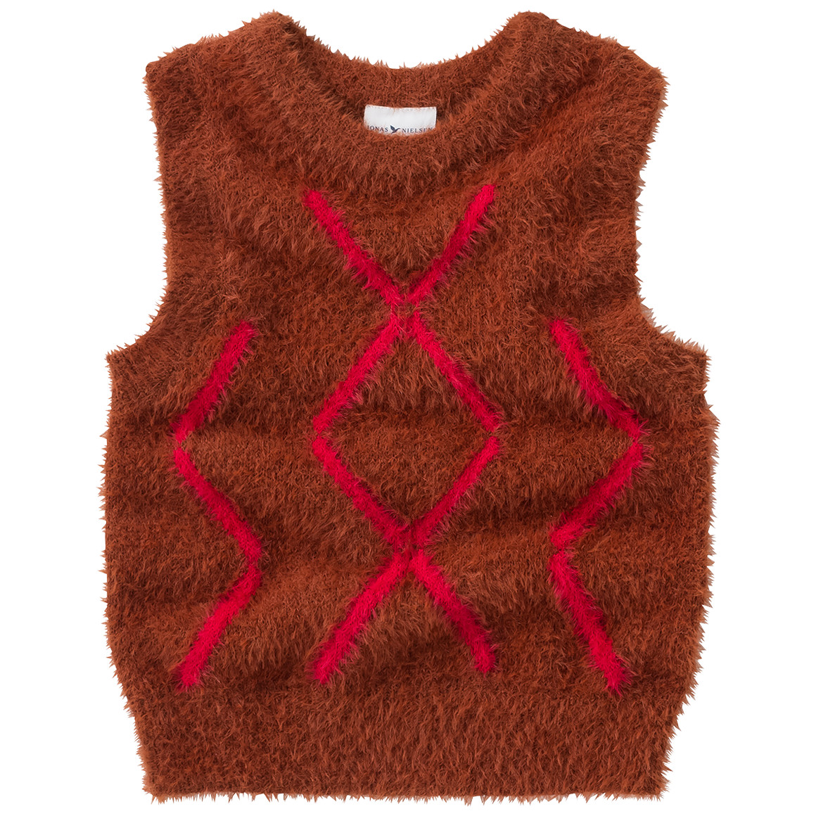 Jonas Nielsen Mädchen Pullunder aus Featheryarn braun / pinkrot
