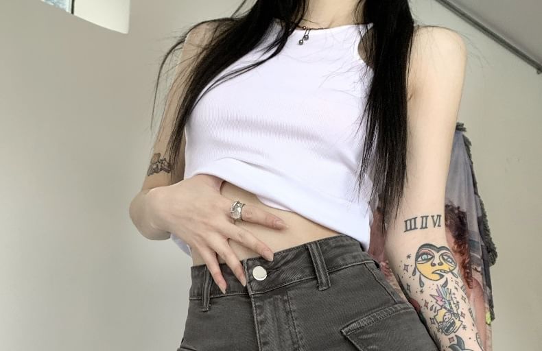 CosmoCorner - Hoge taille gewassen veterbroek van denim
