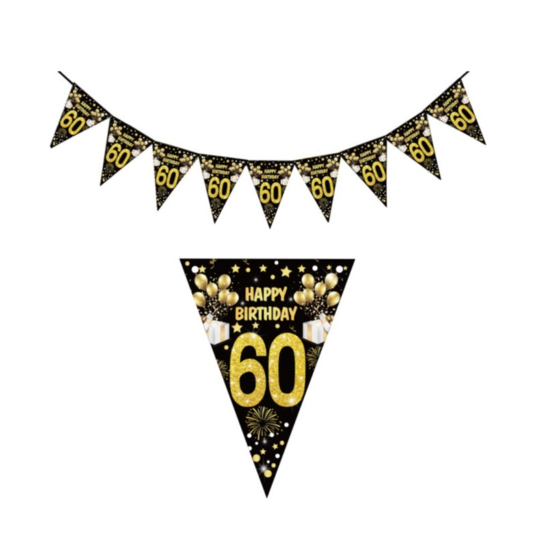 (2m) Happy Birthday Girlande 60. Geburtstag Party Dekoration Wimpelkette Accessoire Banner - Schwarz / Gold