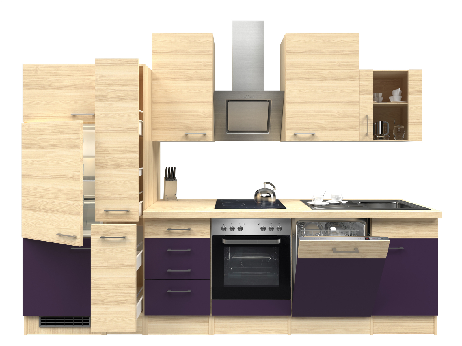 Küchenblock FOCUS - Akazie-Aubergine - mit E-Geräten - 310 cm