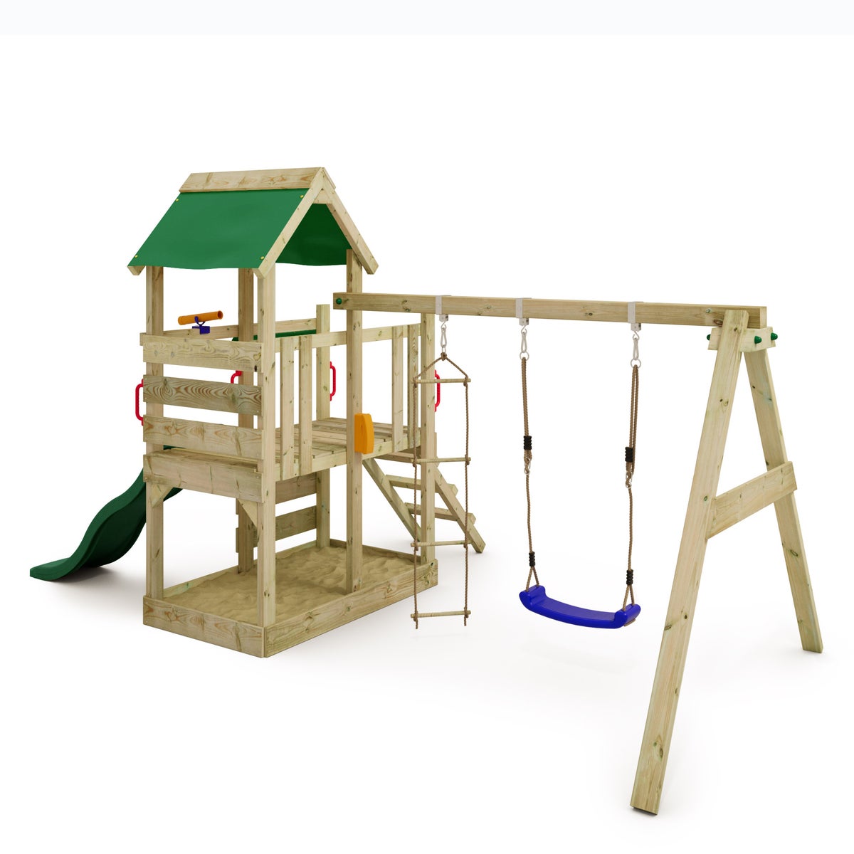 WICKEY TurboFlyer speeltoren klimtoestel met schommel en glijbaan, klimtoren met zandbak, ladder en speeltoebehoren - groen