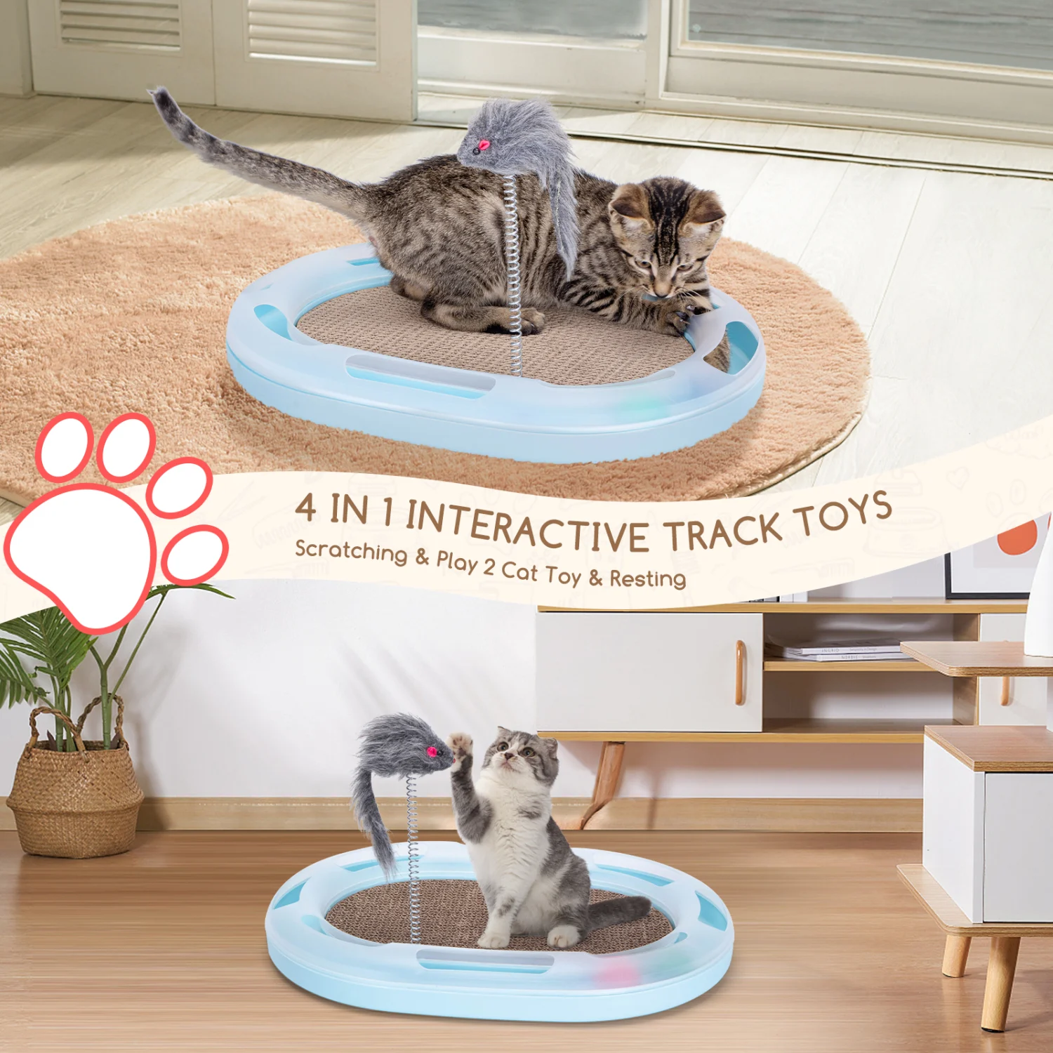 Nobleza - Arranhador multifuncional para gatos, brinquedo para arranhar com 2 bolas e 1 varinha com mola, arranhador de papelão 4 em 1 com catnip, 42 * 31 * 5,5 cm