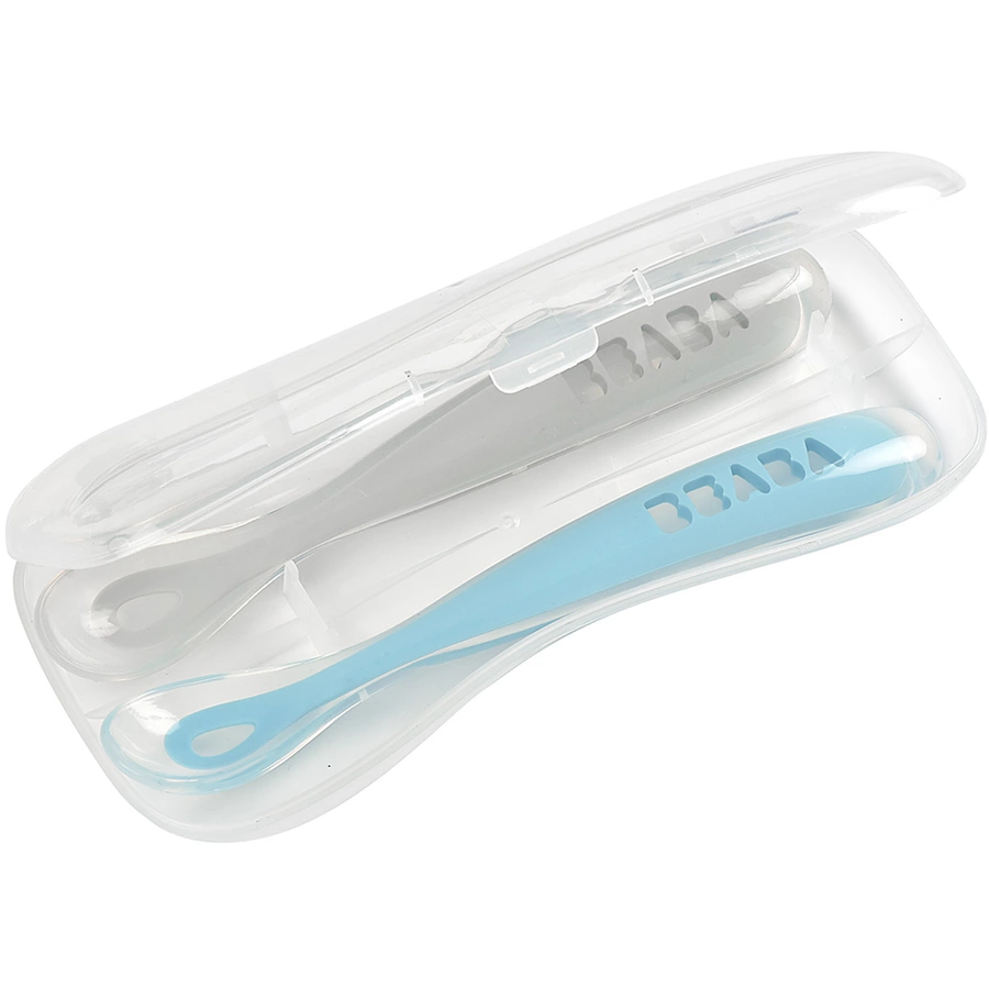 BEABA® Set aus 2 Babylöffeln aus Silikon mit Aufbewahrungsbox 1. Altersstufe blaugrau