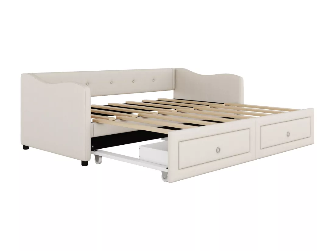 Lit gigogne 90/180 x 200 cm avec 2 tiroirs - tissu en lin - beige (sans matelas)