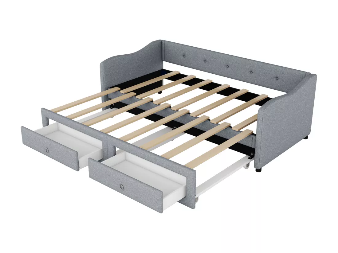 Lit gigogne 90/180x200cm avec 2 tiroirs - tissu en lin - Gris (matelas non inclus)