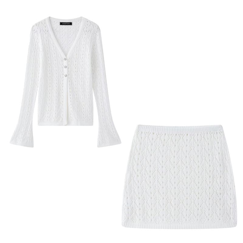 Avauntgardo - V-hals geperforeerde knoopsluiting effen cardigan met split / hoge taille gebreide mini-kokerrok
