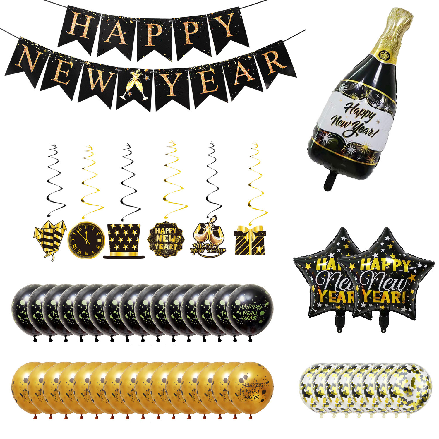 (48-tlg. Set) Happy New Year Girlande Silvester Party Dekoration   Folien Ballons / Spiral Girlande - Gold / Schwarz