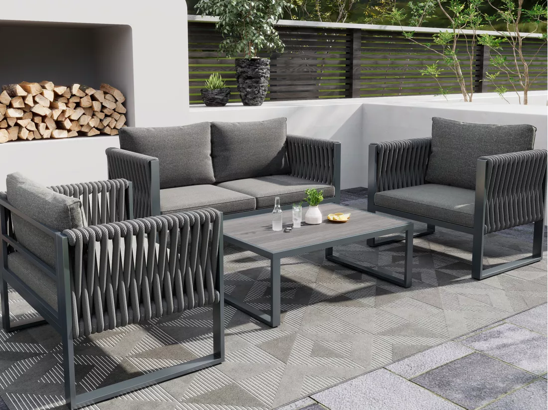Ensemble salon de jardin en fer galvanisé: 1 canapé + 2 fauteuils + 1 table basse - Coussins rembourrage 9 cm - Gris