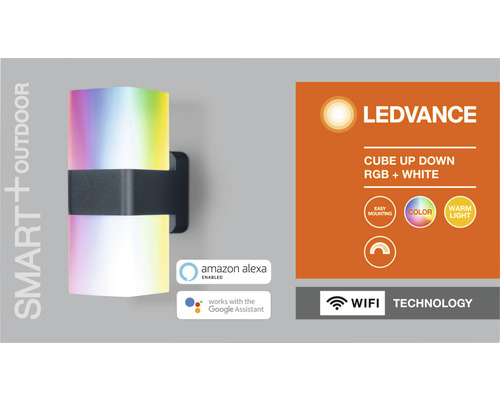 Ledvance LED buitenwandlamp 900 lm 3000 K + RGBW kleurverandering H 20,5 cm Smart+ WiFi Cube Updown Multicolor wit/grijs