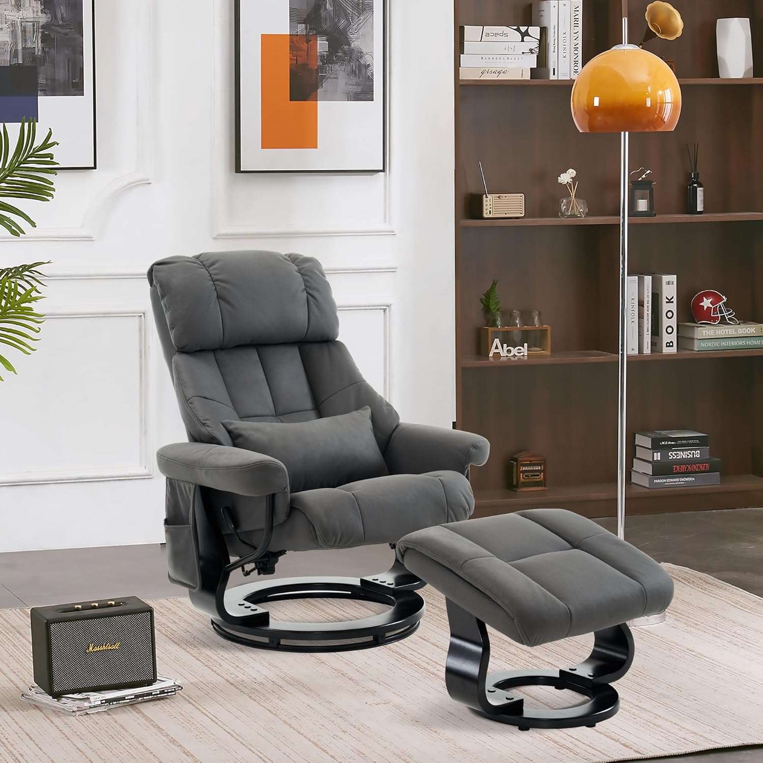 M MCombo Relaxsessel mit Hocker, Drehbare Fernsehsessel mit Liegefunktion, Moderner TV-Sessel Stuhl für Wohnzimmer, mit Kissen & Seitentasche, 9066 (Mikrofaser, Grau)